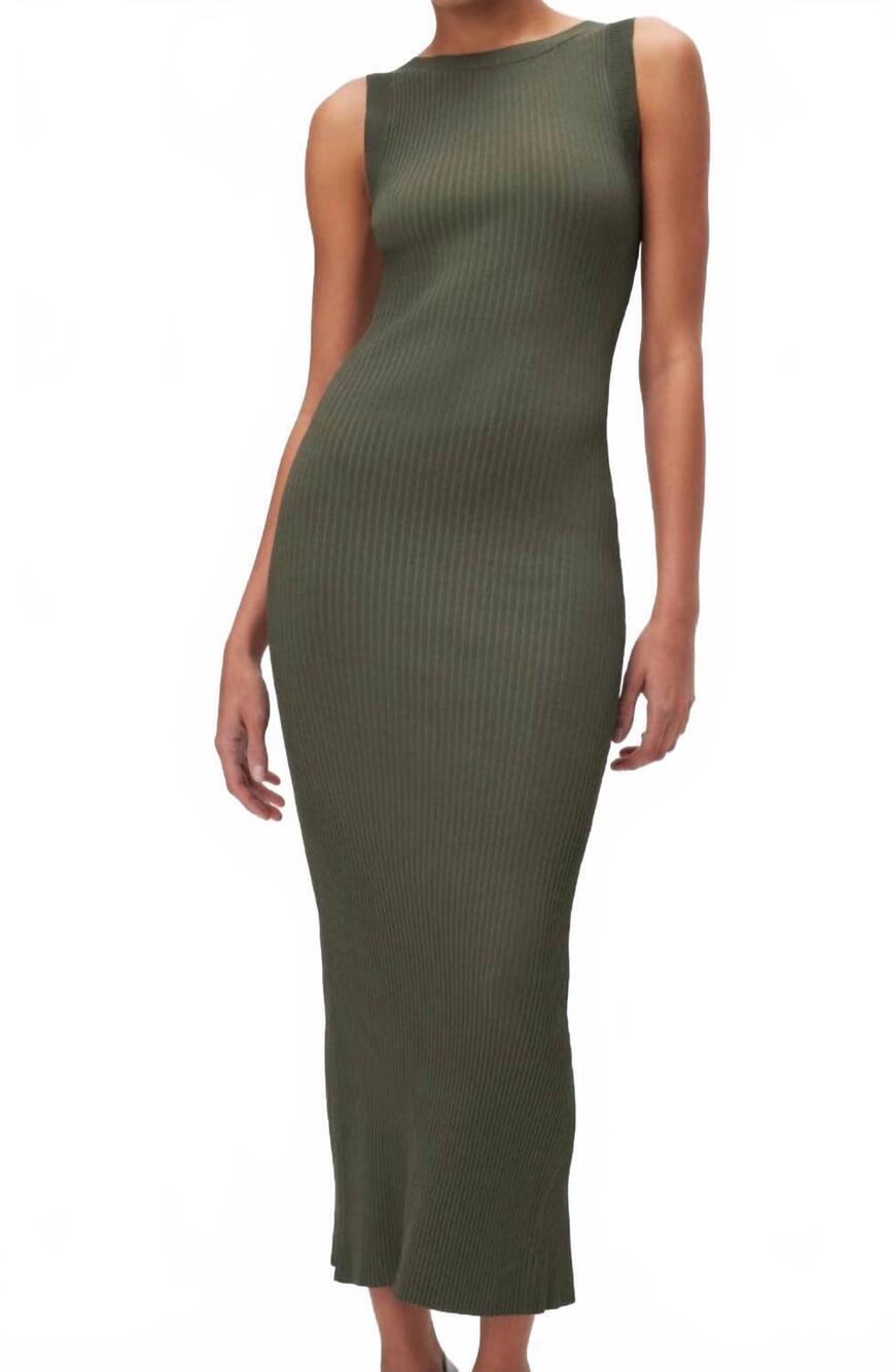 NEW GOOD AMERICAN rib scoop back midi dress in olive green